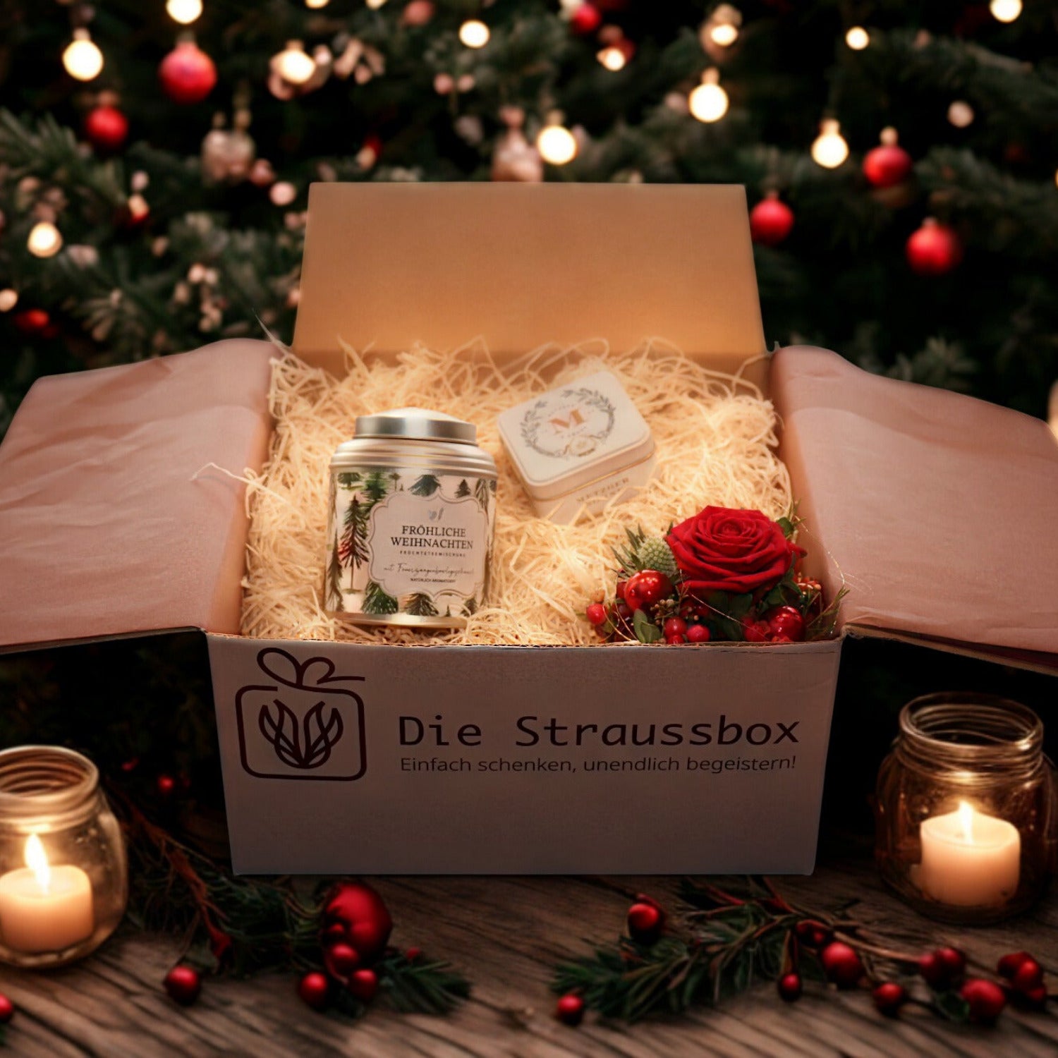 Die Straussbox Frohe Weihnachtszeit - geöffnete Box mit enthaltenen Produkten