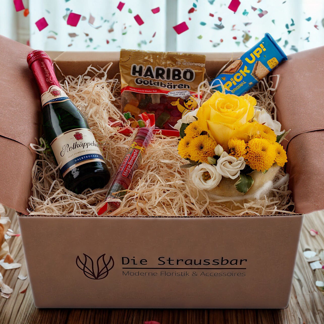 Die Straussbox - Jubiläums Box - geöffnete Box mit enthaltenen Produkten
