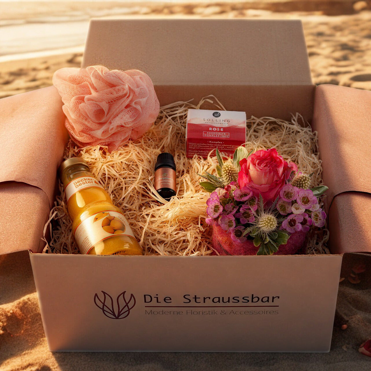 Die Sraussbox - Wellness Box - geöffnete Box mit enthaltenen Produkten