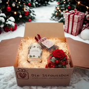 Die Straussbox Besinnliche Tage - geöffnete Box mit enthaltenen Produkten