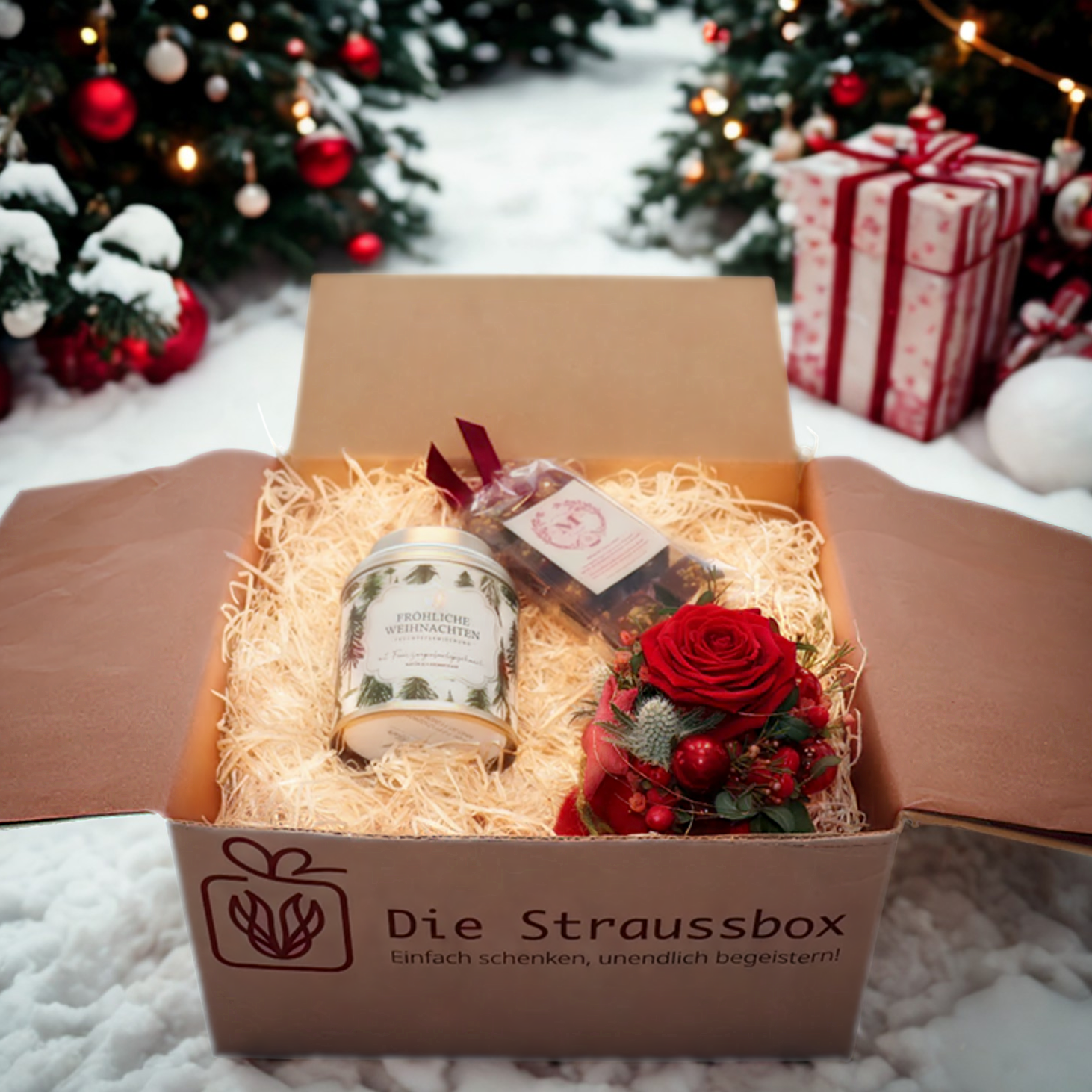 Die Straussbox Besinnliche Tage - geöffnete Box mit enthaltenen Produkten