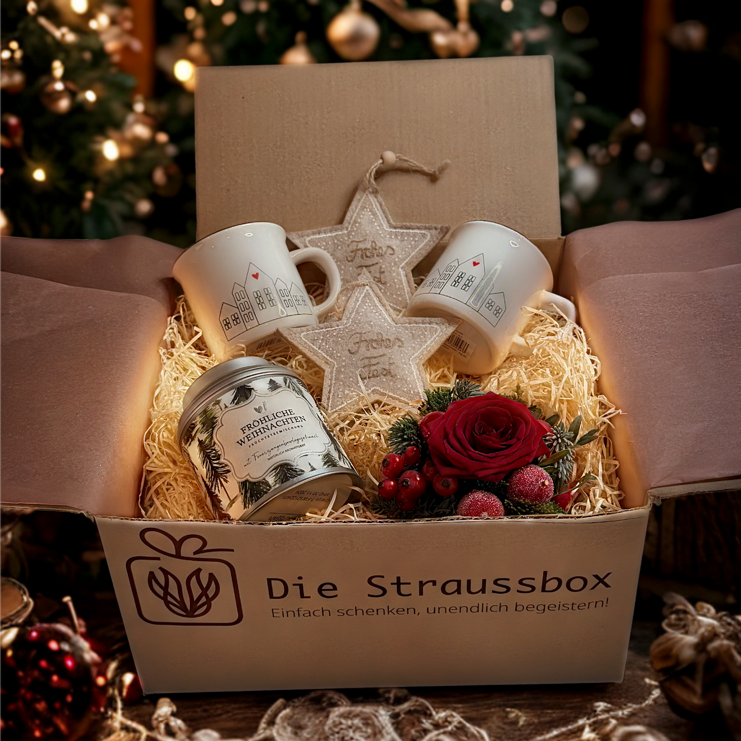 Die Straussbox „Teezeit“ - geöffnete Box mit enthaltenen Produkten