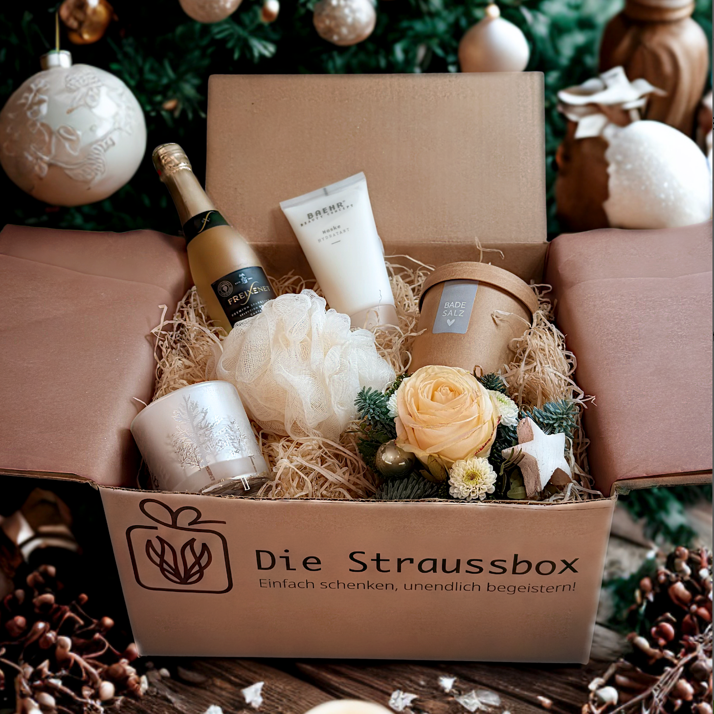 Die Straussbox „Wintertraum“ - geöffnete Box mit enthaltenen Produkten